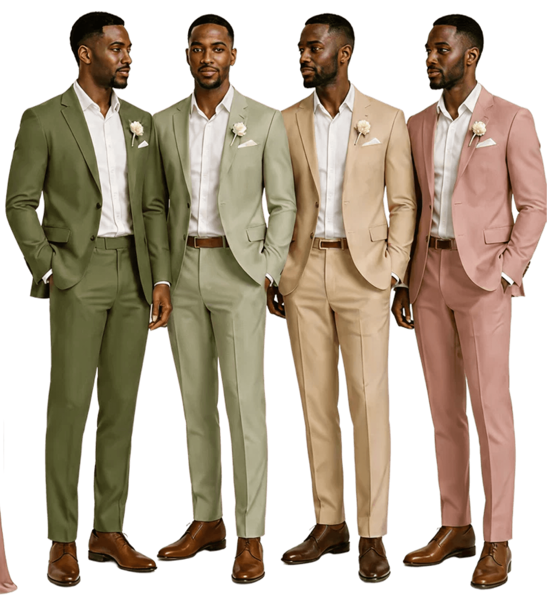 For the gentlemen — olive, sage, beige, champagne, dusty rose