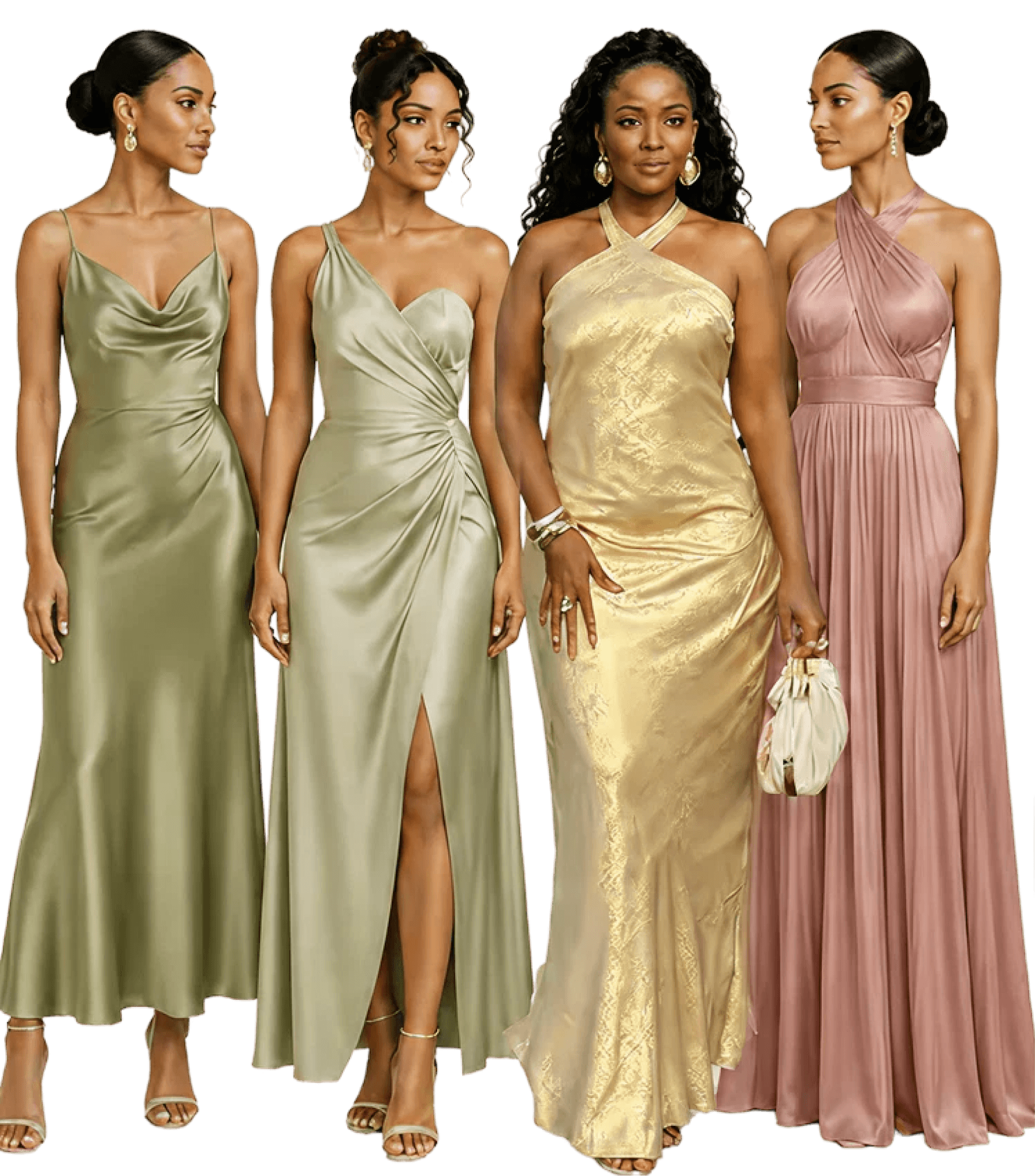 For the ladies — sage, olive, champagne, blush, dusty rose